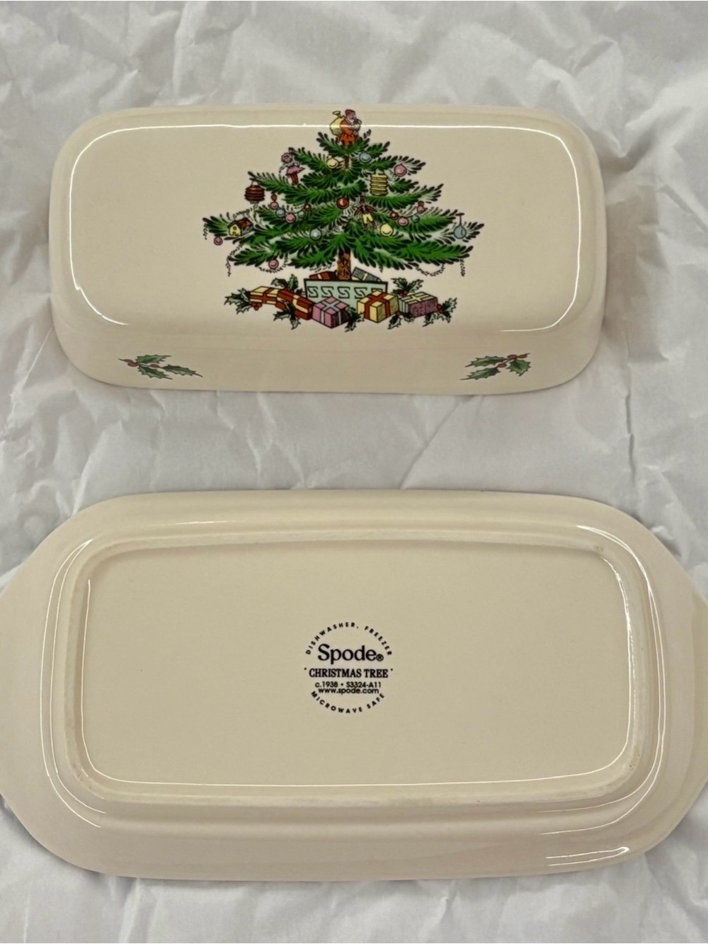Spode Christmas Tree Butter Dish with Green Trim and Christmas Tree
